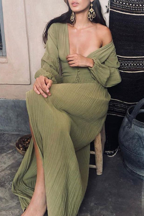 Plunging Button Long Sleeve Maxi Dress - Fashionpara