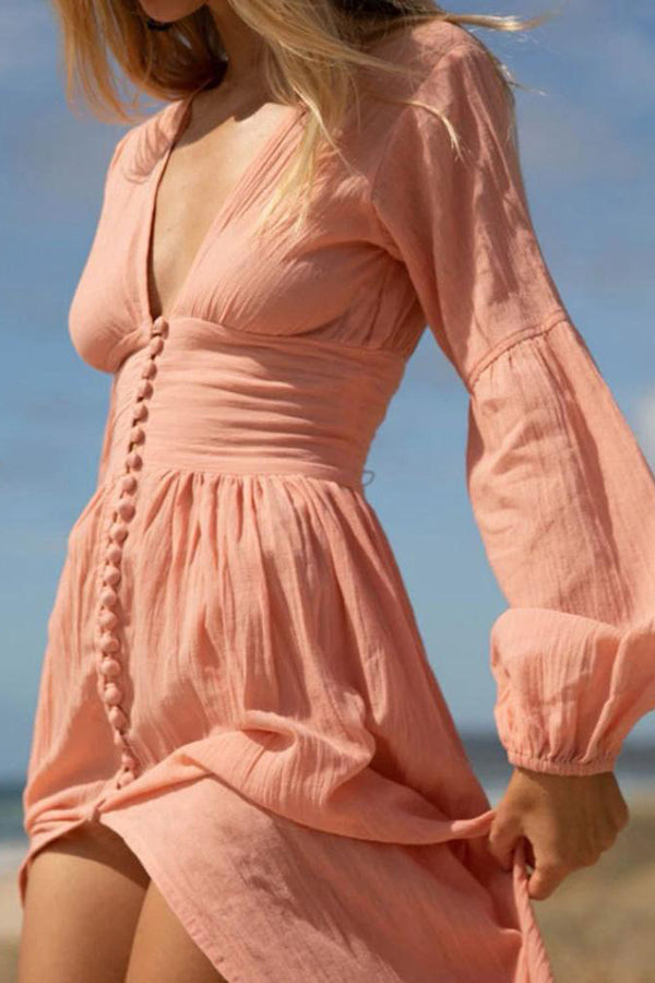 Plunging Button Long Sleeve Maxi Dress - Fashionpara