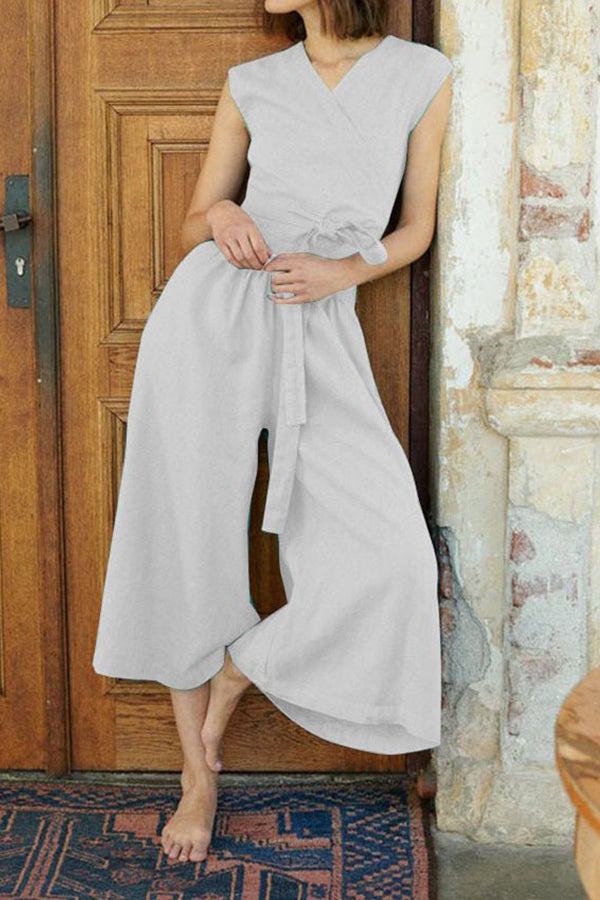 V Neck Tie Tank Top Flared Pants Set - Fashionpara