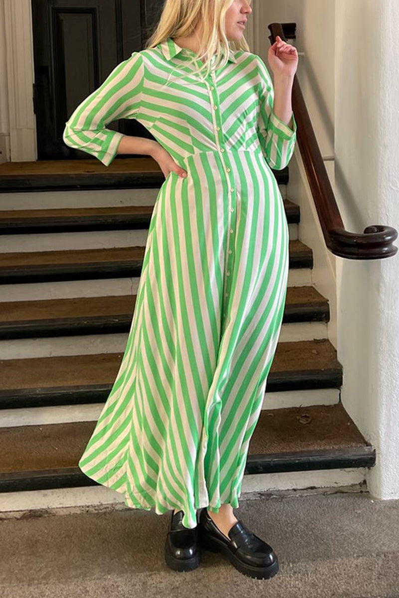 Stripe Long Sleeve Button Maxi Shirt Dress - Fashionpara